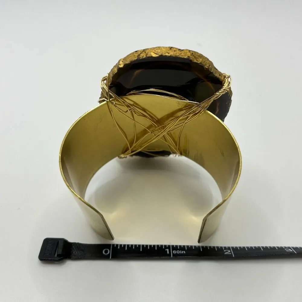 Black Wire Wrapped Geode Cuff Bracelet Gold Tone Metal Agate Slice Stone Mens